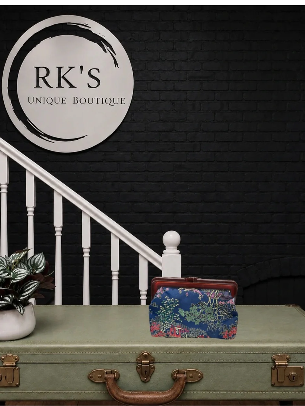 Vintage Silk Brocade Kiss-Lock Clutch Purse Blue Floral